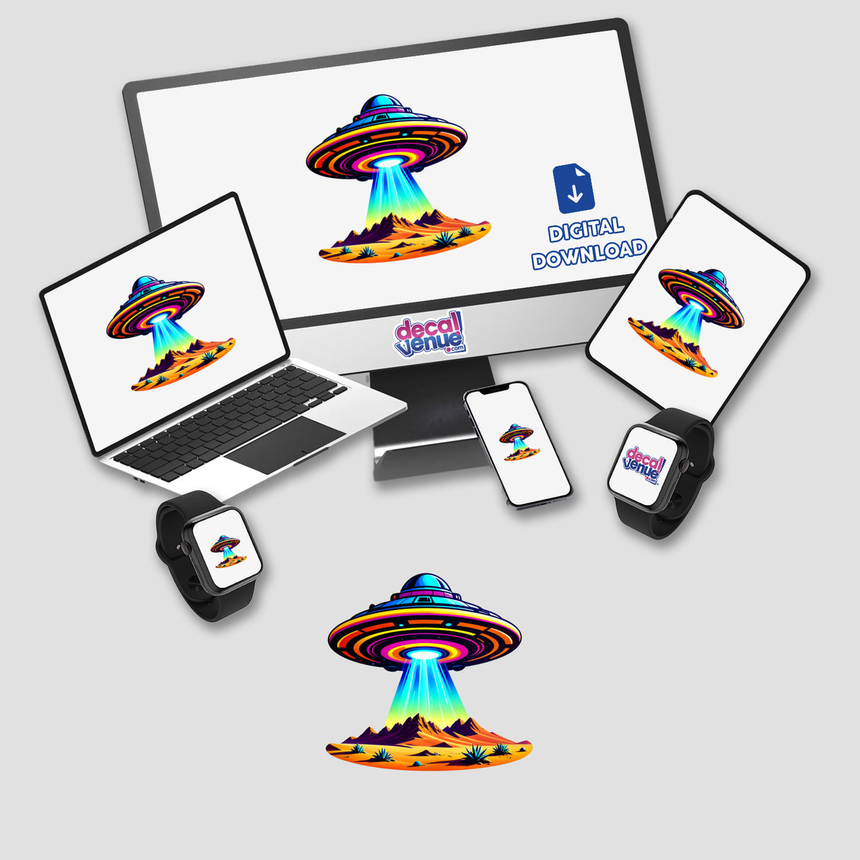 UFO Flying Over The Desert displayed on computer screens and smart watch, depicting a colorful alien spaceship. Available as stickers or digital artwork from Decal Venue.