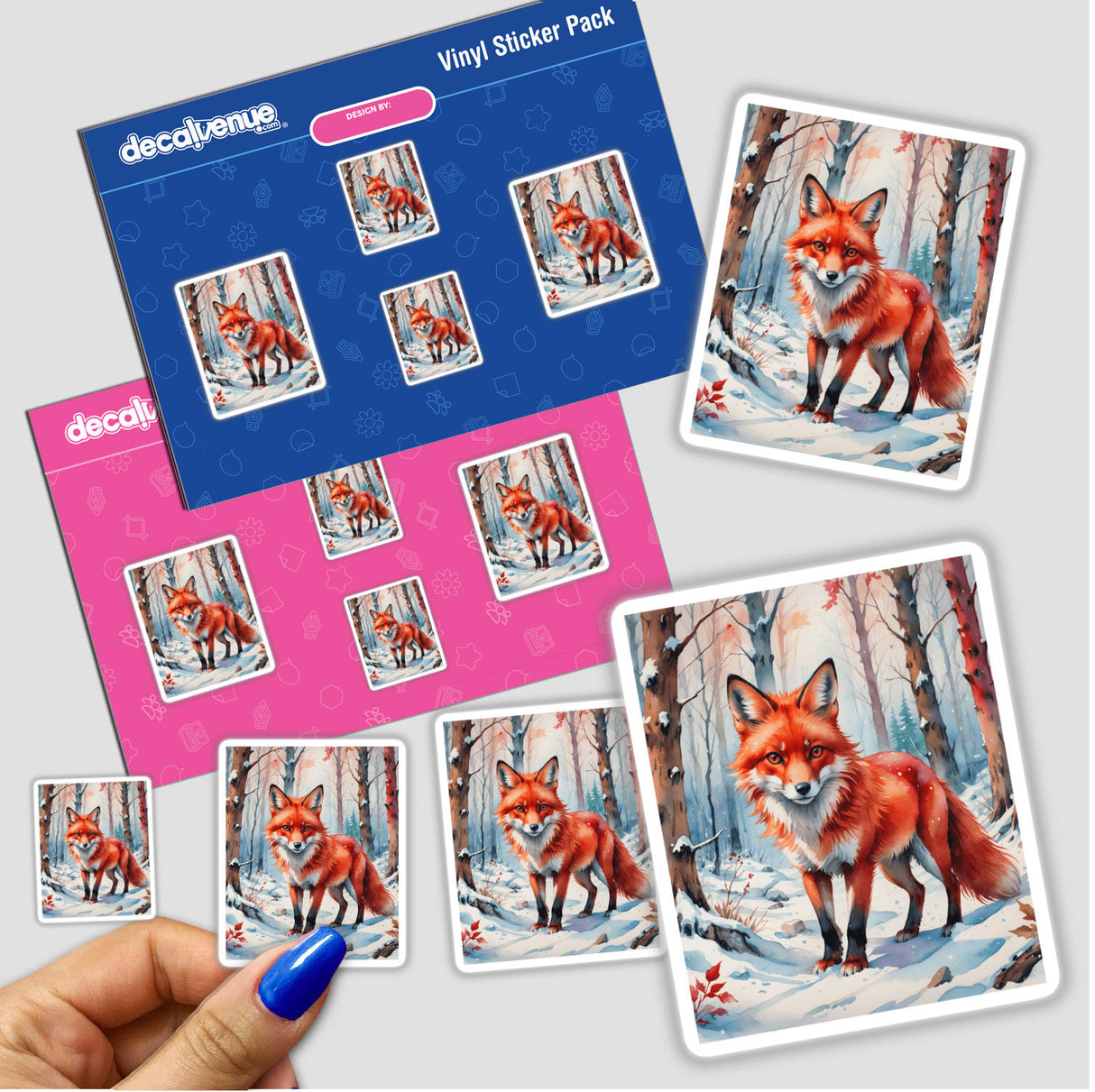 Stickers featuring A Red Fox In A Winter Forest with a fox depicted in a snowy setting, available as unique vinyl stickers or digital artwork from Decal Venue.