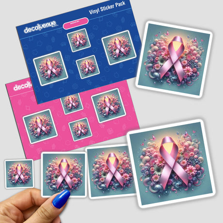 Breast Cancer Silver Series 4: Stickers featuring pink ribbons and flowers, available as physical stickers or digital artwork.