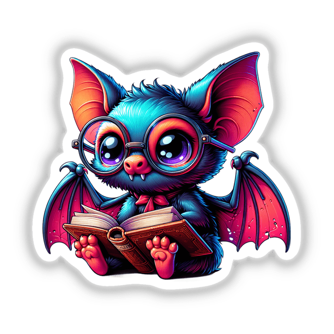 Cartoon bat with reading glasses engrossed in a book, available as stickers or digital artwork. Part of Decal Venue's unique collection of vinyl stickers and digital art.