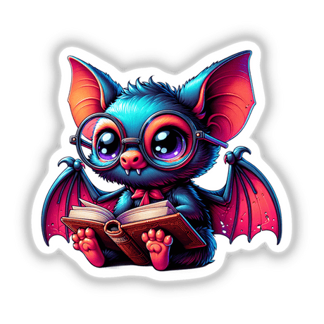 Cartoon bat with reading glasses engrossed in a book, available as stickers or digital artwork. Part of Decal Venue's unique collection of vinyl stickers and digital art.