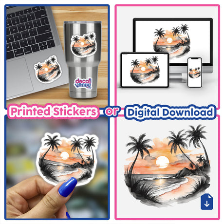 Collage featuring the product Palm Tree Beach Sunset PA07, available as stickers or digital artwork. Includes a beach sunset scene with palm trees, shown on a cup, laptop, and as a hand-held sticker.