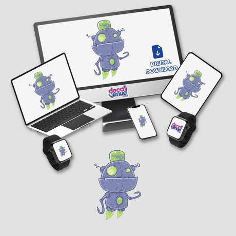 Fishing Robot stickers displayed on a computer monitor and laptop, featuring a cartoon robot design, ideal for tech enthusiasts seeking unique digital art from Decal Venue.