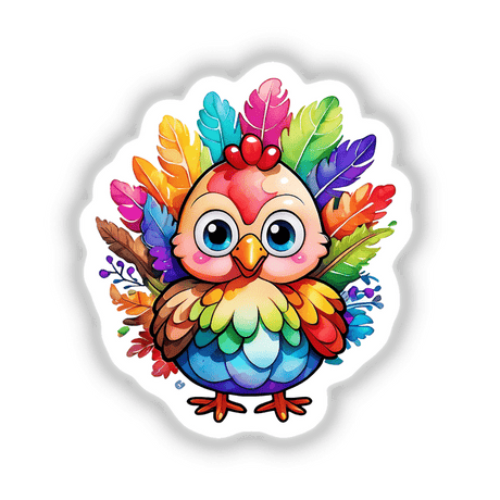 Thanksgiving Turkey Cutie: Kawaii Rainbow Floral Sticker features a cartoon turkey with blue eyes, yellow beak, and rainbow feathers, ideal for stickers or digital artwork.