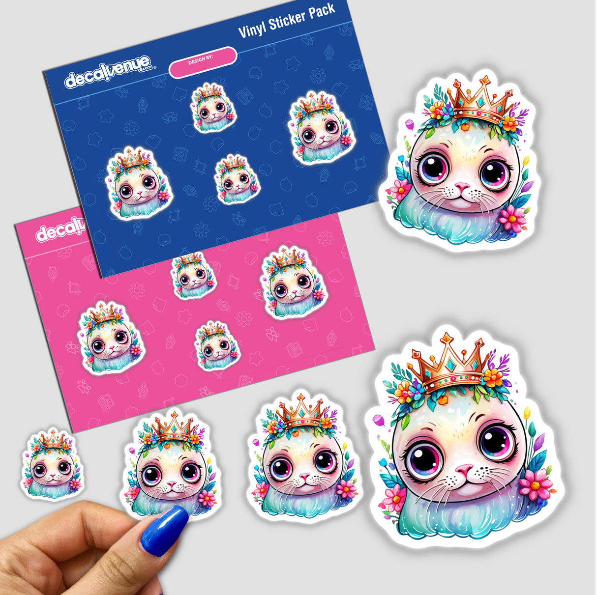 Royal Cutie: Big-Eyed Seal Wearing a Crown sticker with flowers, perfect for decorating notebooks, laptops, or as digital artwork.