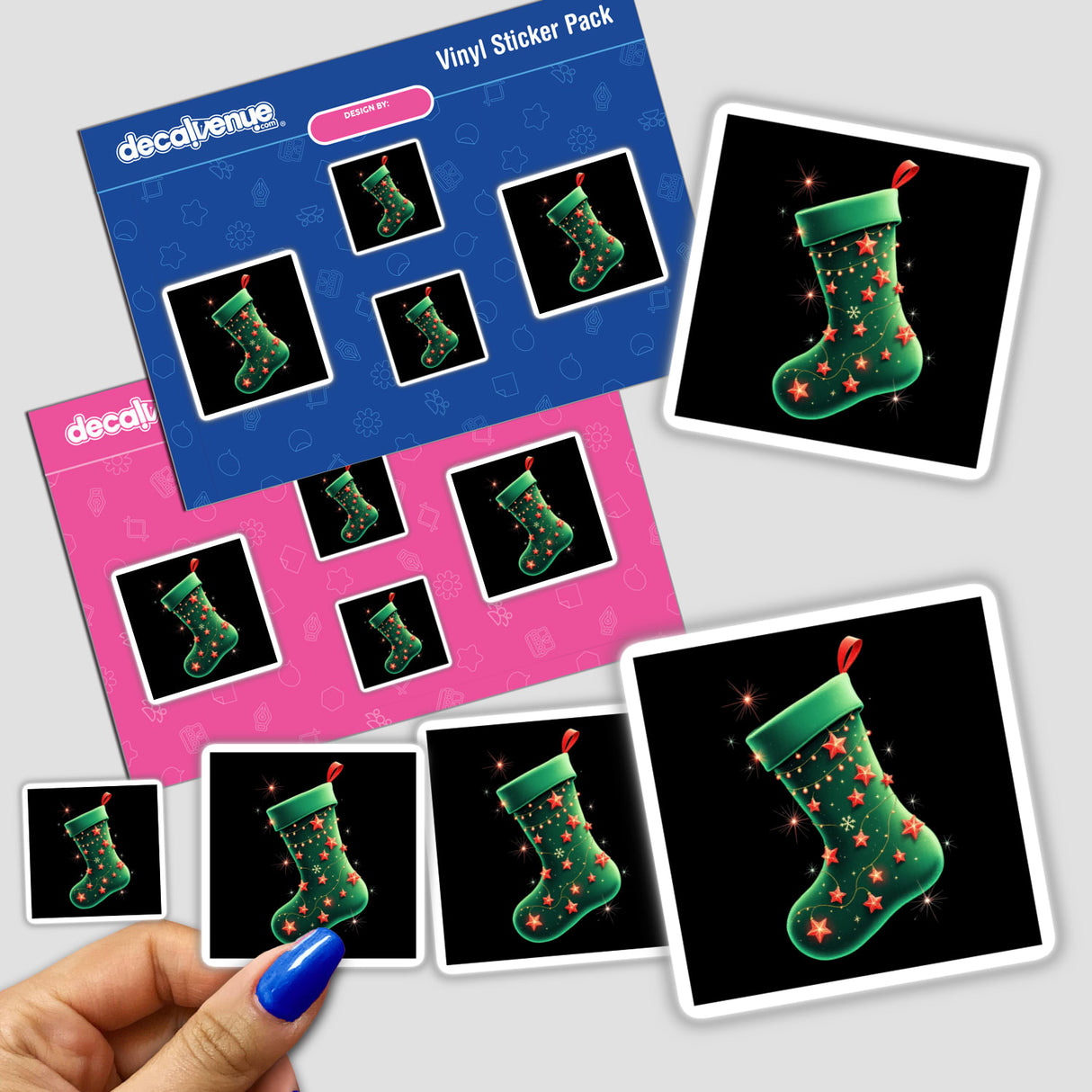 Green Stocking with Red Ribbon and Holiday Lights sticker held by a hand, showcasing festive design elements with stars and lights, available as a sticker or digital artwork from Decal Venue.