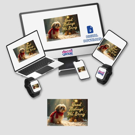 Good Tidings We Bring Shih Tzu Christmas Sticker and Clipart features a Shih Tzu wearing a scarf, displayed on digital devices like a laptop and tablet, available with commercial rights.