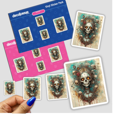 Beautiful Bones stickers featuring intricate skull designs, shown in a close-up of a hand holding them. Available as stickers or digital artwork from Decal Venue.