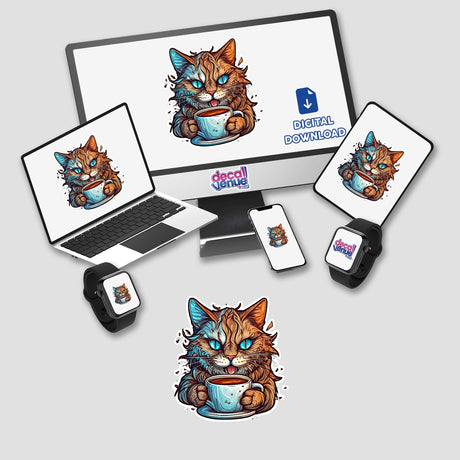 Vibrant digital artwork featuring a mischievous feline holding a coffee mug, surrounded by colorful splashes and the Decal Venue logo. This whimsical cat design could be used for stickers, digital downloads, or other merchandise to express your unique style.