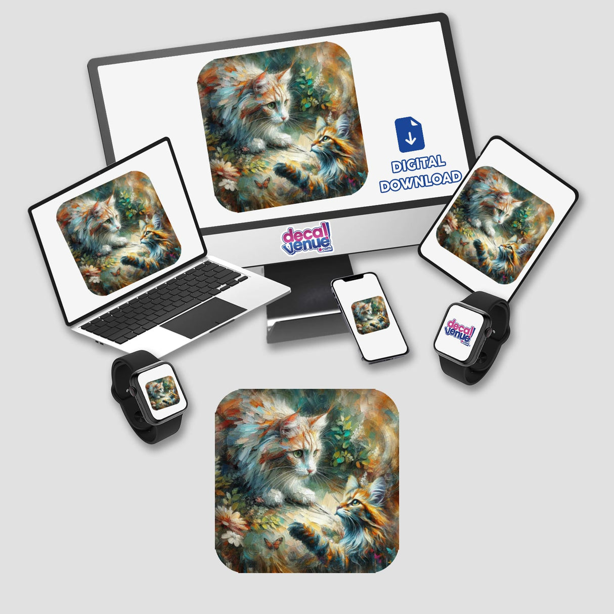 Maine Coon Kitty 4 digital artwork displayed on a computer monitor and laptop, featuring a cat image. Available as stickers or digital art from Decal Venue.