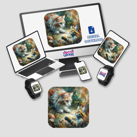 Maine Coon Kitty 4 digital artwork displayed on a computer monitor and laptop, featuring a cat image. Available as stickers or digital art from Decal Venue.