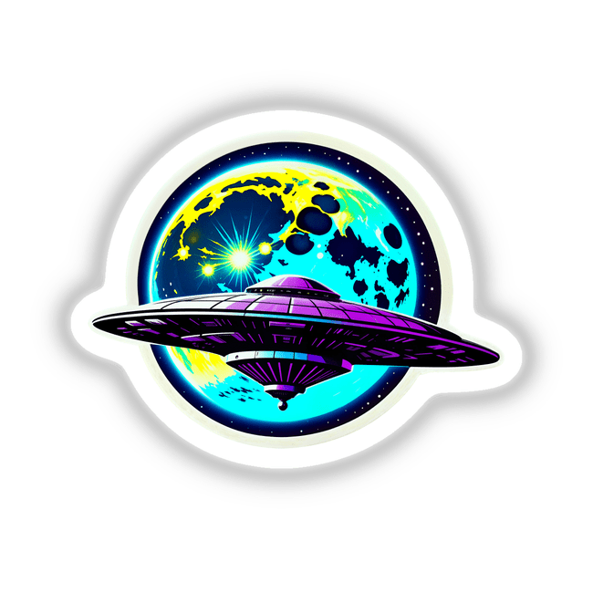 A UFO In Front Of A Moon: Cartoon-style digital artwork featuring a purple UFO hovering in space with a nearby planet. Available as unique stickers or digital art from Decal Venue.