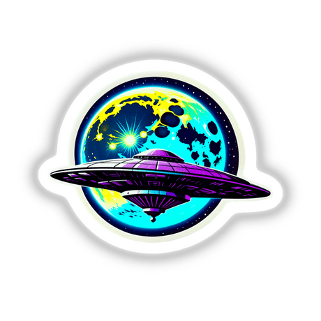 A UFO In Front Of A Moon: Cartoon-style digital artwork featuring a purple UFO hovering in space with a nearby planet. Available as unique stickers or digital art from Decal Venue.