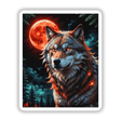 Digital artwork titled A Wolf In The Night With A Blood Moon, depicting a wolf with striking orange eyes against a red moon background, available as unique stickers or digital art from Decal Venue.