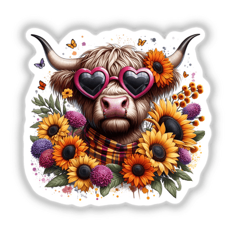 Highland Cow in Sunflowers: A whimsical illustration of a cow wearing sunglasses, surrounded by vibrant sunflowers, available as stickers or digital artwork from Decal Venue.