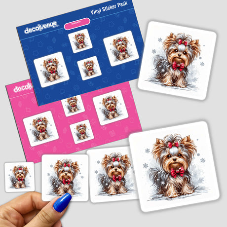 Holiday Winter Yorkie Dog sticker featuring a cartoon Yorkie with a bow tie, available as a sticker or digital artwork from Decal Venue.