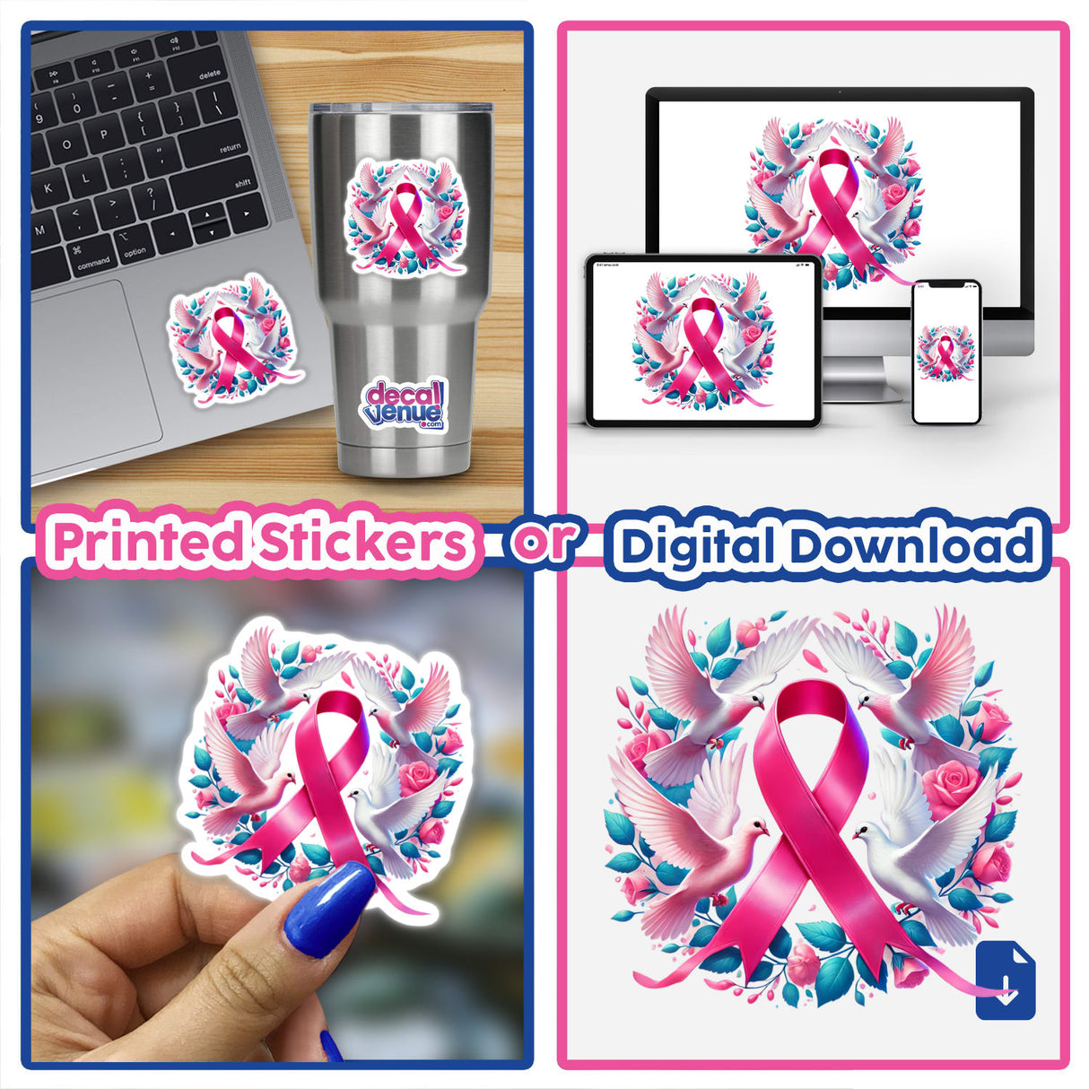 Pink Ribbon and Doves Breast Cancer Awareness displayed on various items, including laptops, cups, and phones, highlighting stickers and digital artwork options.