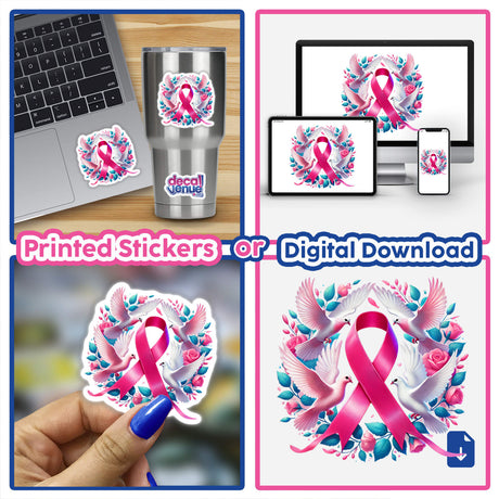 Pink Ribbon and Doves Breast Cancer Awareness displayed on various items, including laptops, cups, and phones, highlighting stickers and digital artwork options.