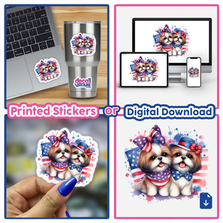 Cute Boy and Girl Shih Tzu Patriotic Dogs sticker featuring two adorable Shih Tzus in hats and bow ties, perfect for laptops or digital art.