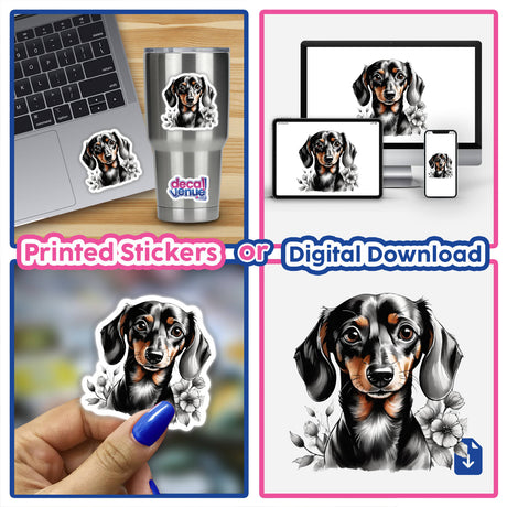 Dachshund Dog Portrait Floral Accents PA14; collage featuring dachshund stickers and digital artwork, including close-ups, floral details, and stickers on various surfaces.