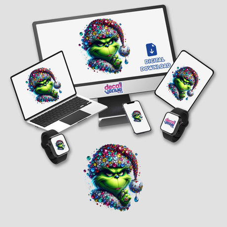 Jeweled Sassy Green Grouch Face in Santa Hat displayed on multiple screens, including a laptop and smartwatch. Available as stickers or digital artwork from Decal Venue.