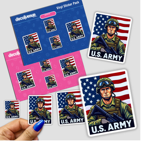 U.S. Army - American Soldier With Flag sticker, featuring a military man holding a gun and an American flag backdrop, available as a vinyl sticker or digital artwork.