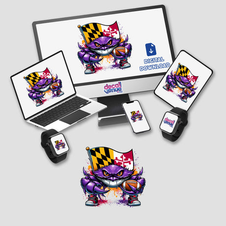 Maryland Flag Purple Crab Football Player displayed on screens; available as stickers or digital artwork. Features a cartoon crab holding a flag and football.