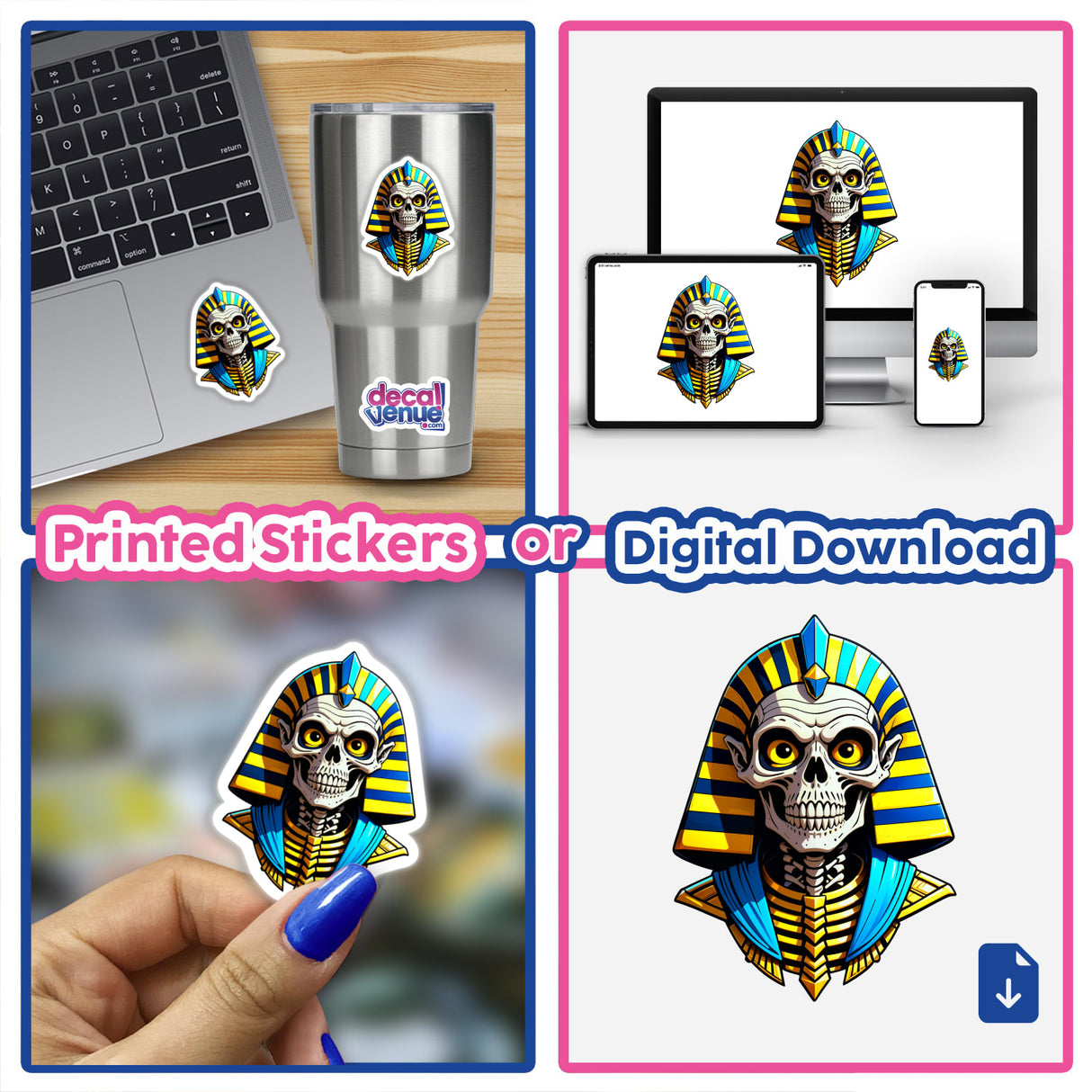 A collage featuring A Cool Egyptian Pharaoh Skull cartoon, showcasing a skeleton in a pharaoh garment, available as stickers or digital artwork from Decal Venue.