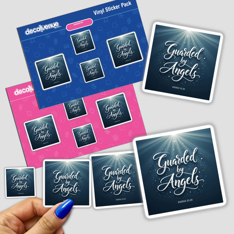 Guarded by Angels – Exodus 23:20 Christian Sticker or Clipart shows a hand holding a sticker pack with text, emphasizing its potential as both sticker and digital artwork.