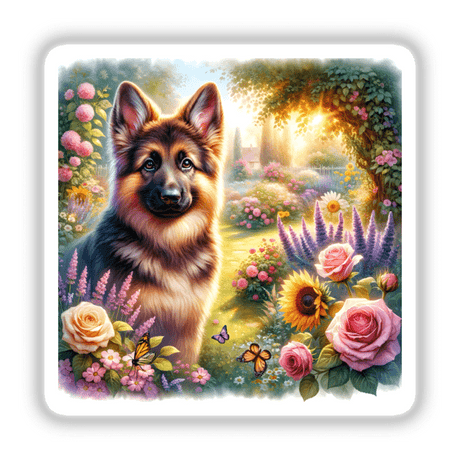 German Shepherd in a Serene Countryside Garden Watercolor Illustration depicting a dog amidst vibrant flowers, including roses and sunflowers, available as stickers or digital artwork. Ideal for pet and nature enthusiasts.