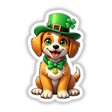 St. Patrick's Day Puppy cartoon featuring a dog wearing a green hat and bow tie, available as stickers or digital artwork. Perfect for celebrating with unique, festive flair.