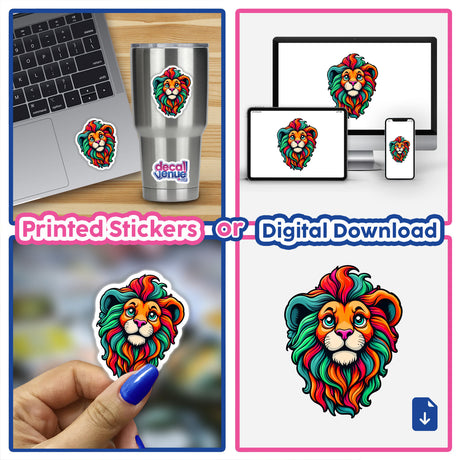 A Cute Little Lion sticker collage featuring vibrant lion designs on various surfaces, including laptops and cups, available as unique stickers or digital artwork from Decal Venue.