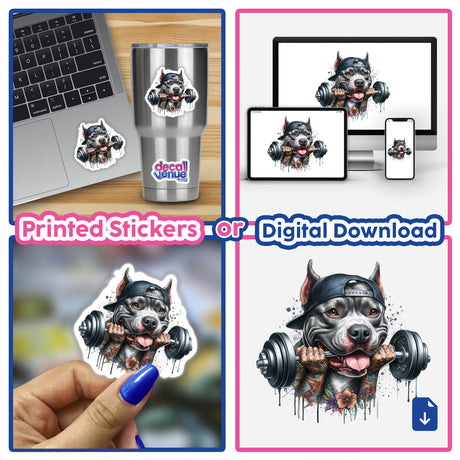 Tattooed Pitbull Dog with Barbell - Digital Artwork available as stickers or digital download format