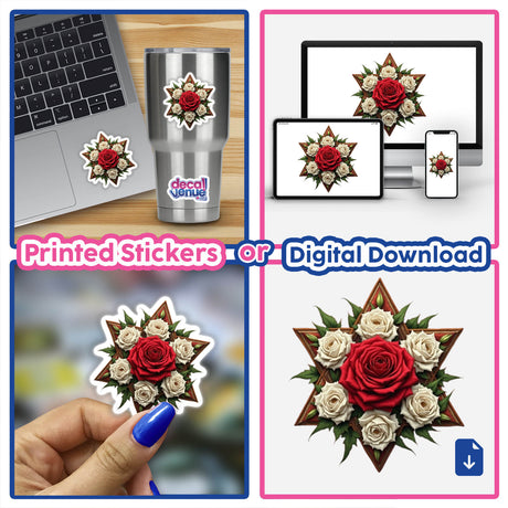 Floral Star of David Clipart - Stickers or Commercial Use Download showing a collage of red and white rose arrangements, laptops, and a close-up of a floral decal.