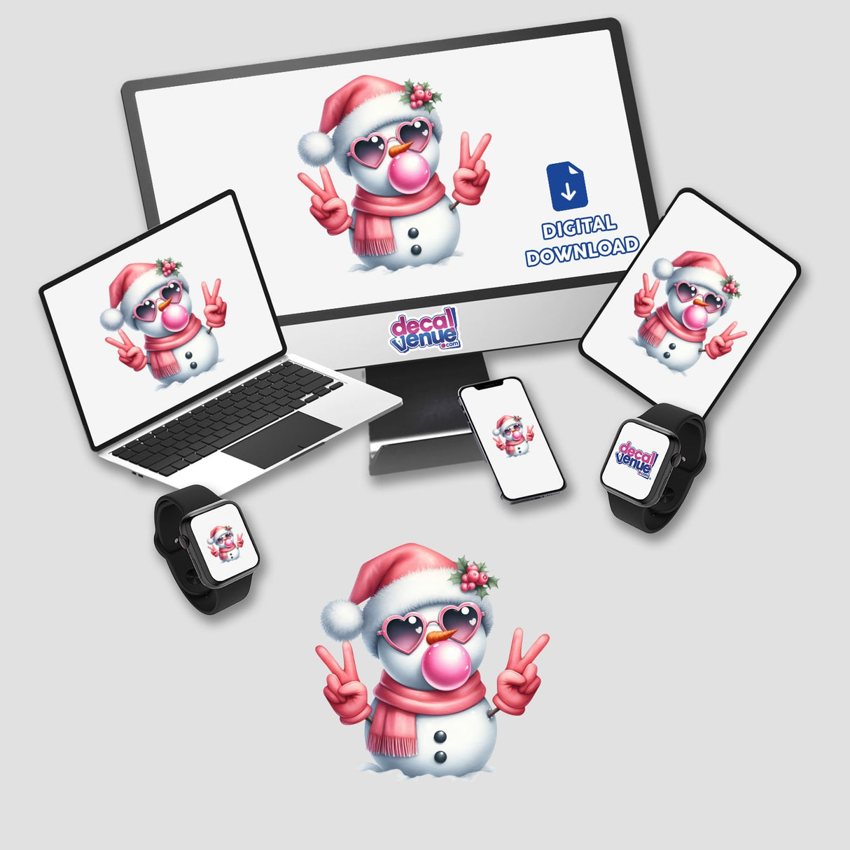 Cool Pink Christmas Snowman Blowing Bubble displayed on a computer monitor and laptop screen, featuring a snowman with sunglasses and a pink hat. Available as unique stickers or digital artwork.