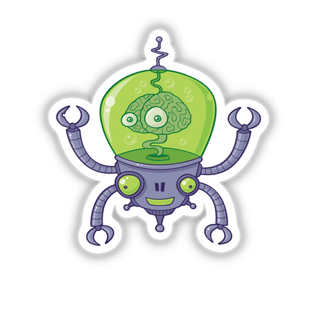 Brainbot Robot with Brain sticker featuring a cartoon robot with a visible brain inside a glass dome, embodying quirky digital art style. Ideal for customization at Decal Venue.