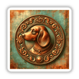 Detailed bronze Dachshund portrait in ornate frame, set against a rustic, weathered turquoise background