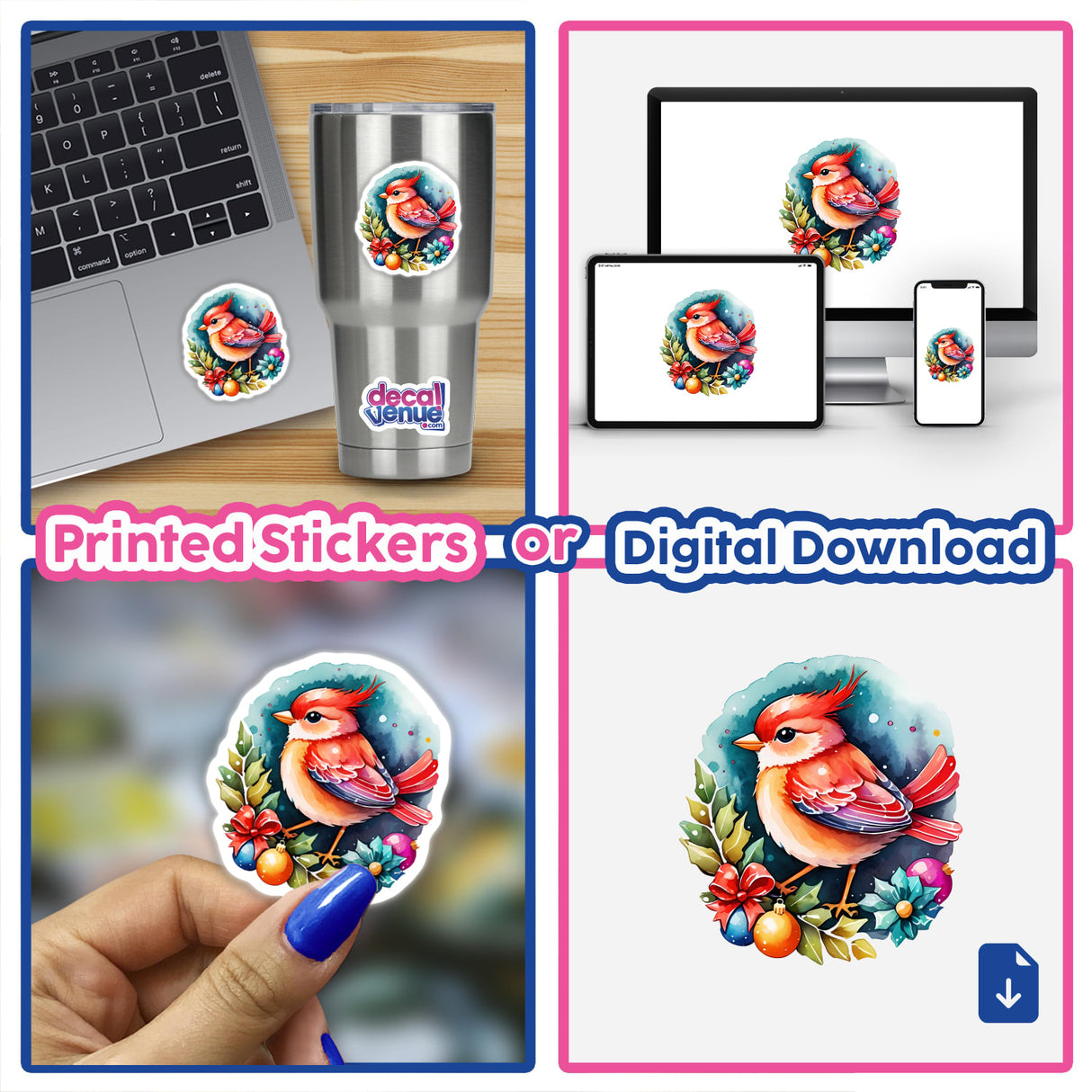 Sticker Design: Festive Christmas Bird Perched on a Holiday Wreath displayed on various surfaces, including a laptop, cup, and close-up of a finger, emphasizing its versatility and detailed artwork.