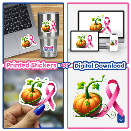 Pumpkin Pink Ribbon Breast Cancer sticker on a laptop, featuring a pumpkin entwined with a pink ribbon, symbolizing breast cancer awareness.