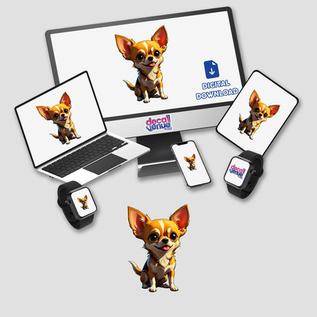 A Cute Chihuahua cartoon displayed on a computer monitor and laptop screen, available as stickers or digital artwork from Decal Venue.