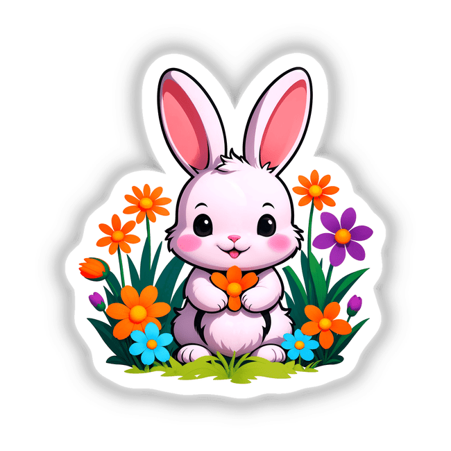 A Cute Rabbit With Blooming Spring Flowers