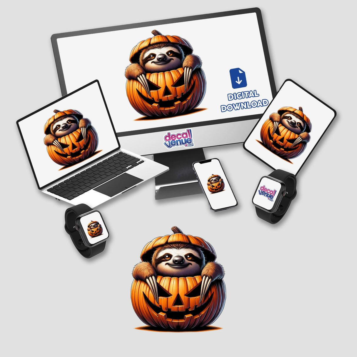 Cute sloth peeking out of pumpkin for Halloween digital artwork, available for download from Decal Venue online store.