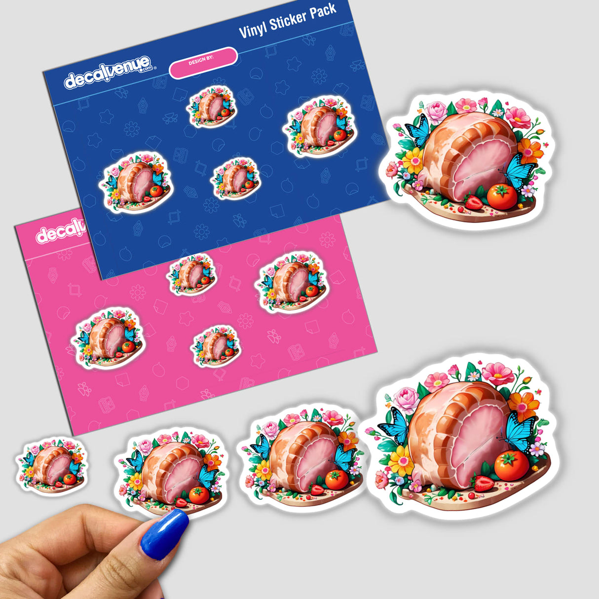 Whimsical Still Life: Ham, Flowers, and Butterflies – a sticker pack featuring a ham adorned with butterflies and flowers, available as stickers or digital artwork.