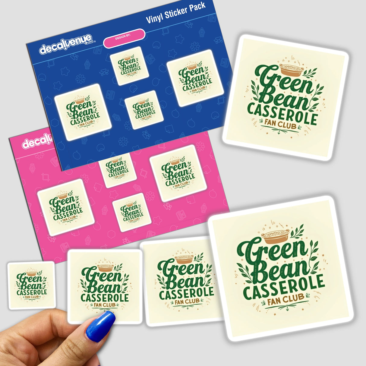 Hand holding a Green Bean Casserole Fan Club Thanksgiving Sticker from Decal Venue, showcasing a sticker pack featuring a playful design, available as stickers or digital artwork with commercial rights.