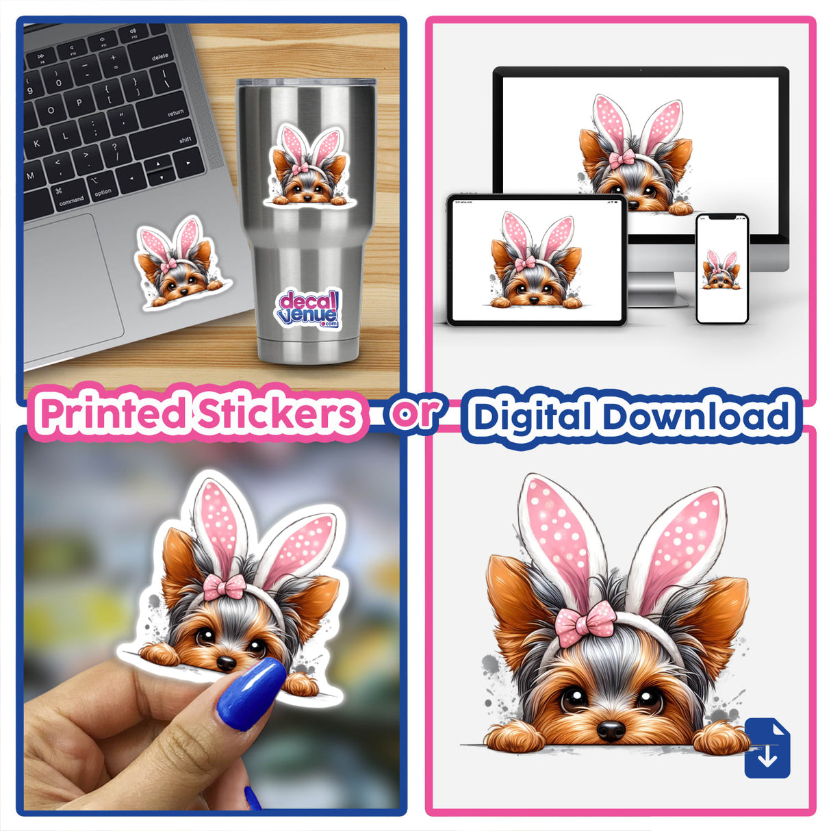 Peeking Easter Yorkie Bunny sticker featuring a cartoon Yorkie dog with bunny ears. Available as both vinyl stickers and digital artwork, ideal for laptops or stainless steel cups.