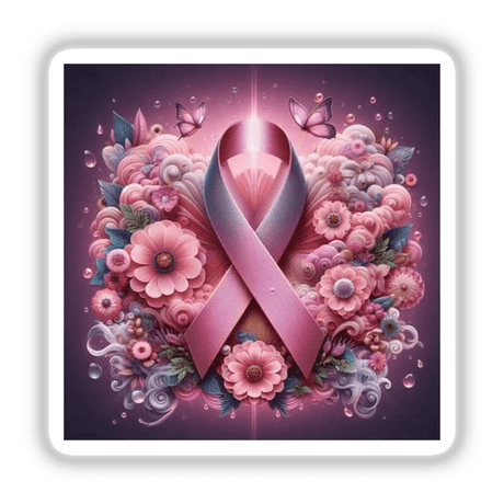 Breast Cancer Silver Series 3: A pink ribbon intertwined with roses, surrounded by a floral design, available as stickers or digital artwork.