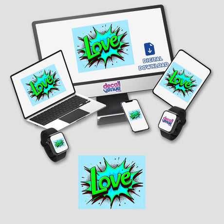 Love Valentine's Day stickers and digital artwork featuring various devices—a laptop, monitor, smartphone, and smartwatch—displaying romantic-themed graphics, perfect for tech lovers.