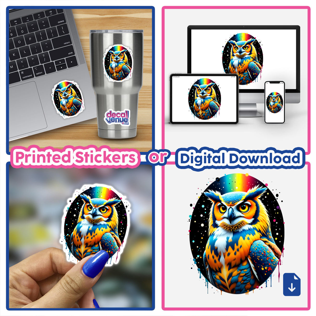 A Cool And Colorful Owl sticker displayed on a laptop, showcasing vibrant artwork. Available as stickers or digital artwork, ideal for adding unique flair to personal items.