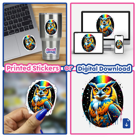 A Cool And Colorful Owl sticker displayed on a laptop, showcasing vibrant artwork. Available as stickers or digital artwork, ideal for adding unique flair to personal items.