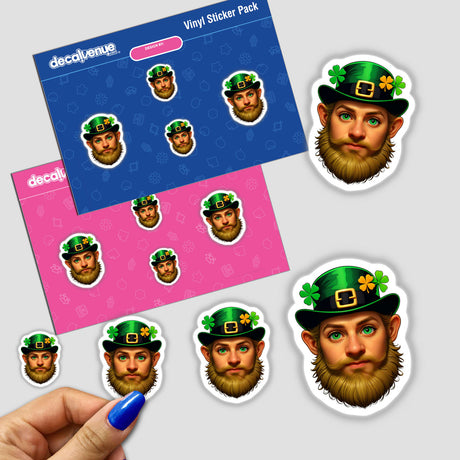 St. Patrick's Day Leprechaun stickers featuring a bearded man with glasses and a green hat, available for purchase as stickers or digital artwork.